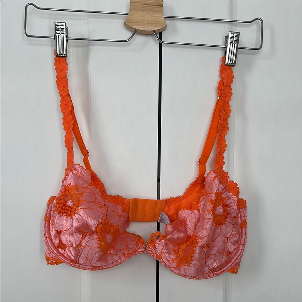 Vibrant Orange and Pink Lace Bra with Sheer Floral Design